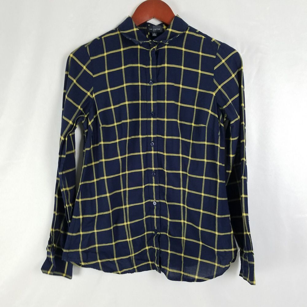 The Limited Shirt Womens Small Blue Yellow Top Plaid Long Sleeve Button Down